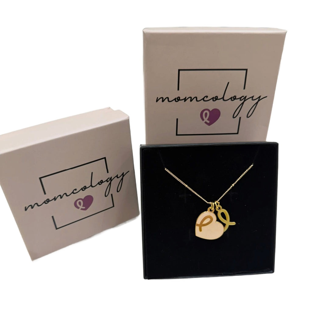 Momcology Heart and Ribbon Necklace in Gold with Cream Enamel