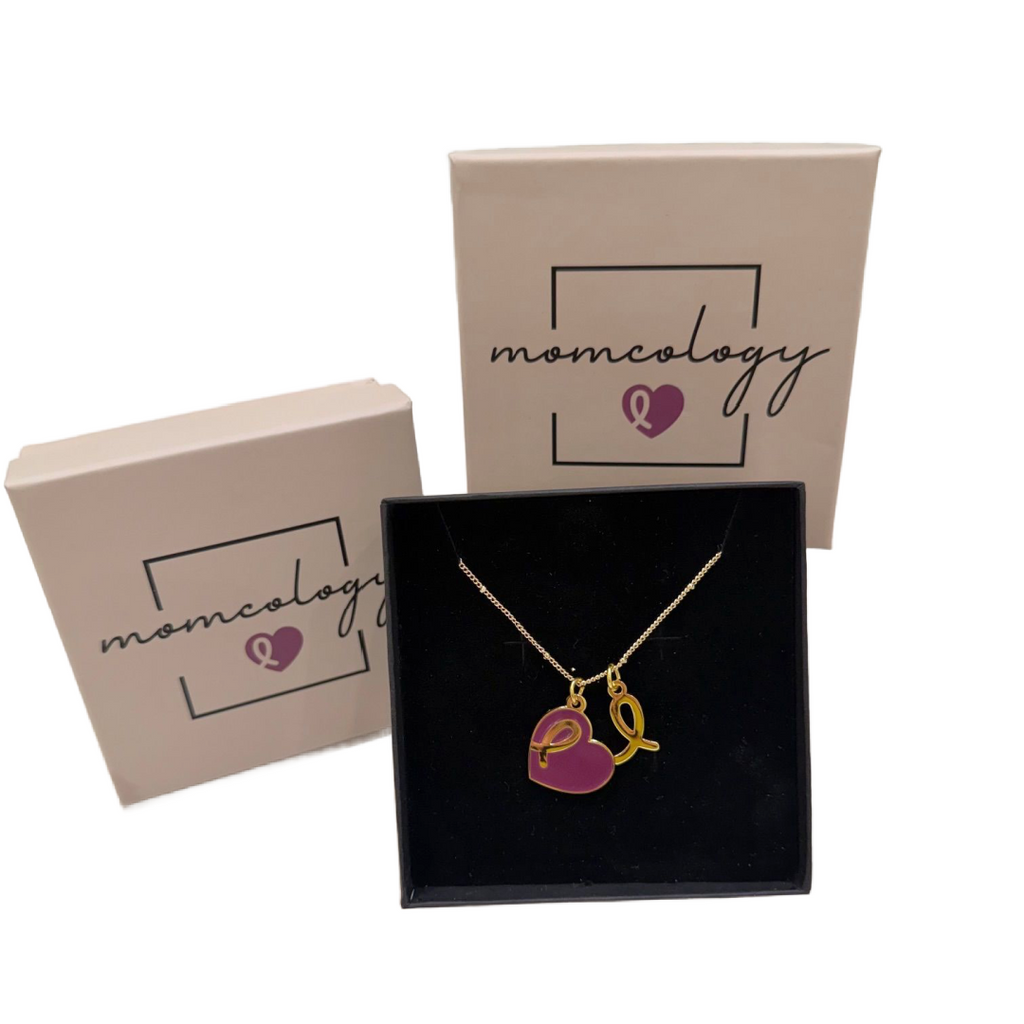 Momcology Heart and Ribbon Necklace in Gold with Plum Enamel