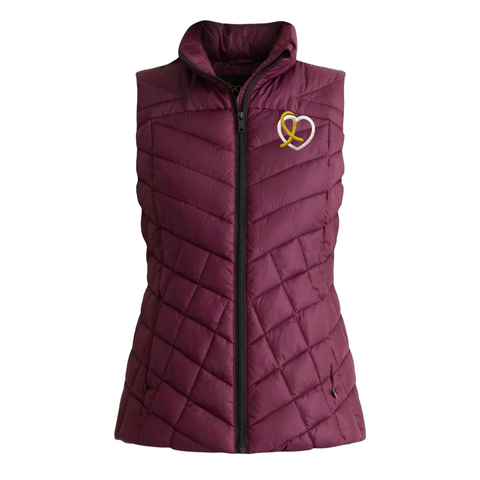 Momcology Quilted Puffer Vest with Cream and Metallic Gold Embroidered Logo
